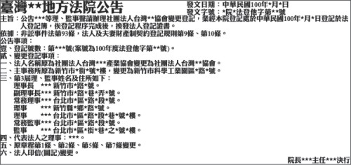 如何內政部辦理社團法人設立登記 變更登記登報範例 報紙徵人徵才求職廣告刊登 全國地方法院公告登報