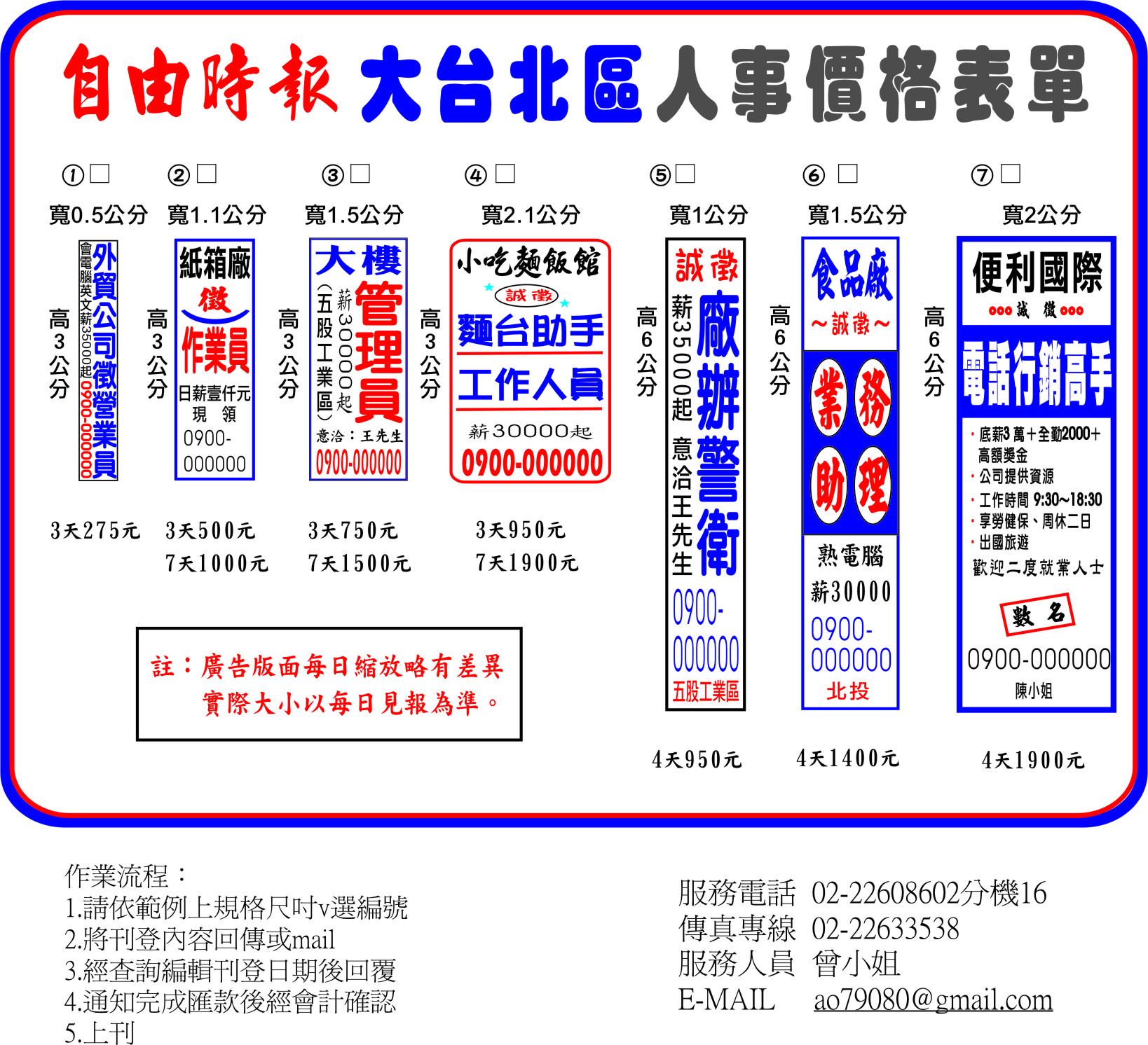 台北自由時報刊登報紙徵人廣告費用
