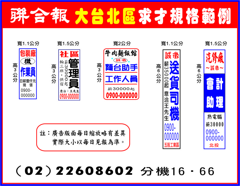 聯合報台北登報徵人報紙費用價格如何刊登如何算